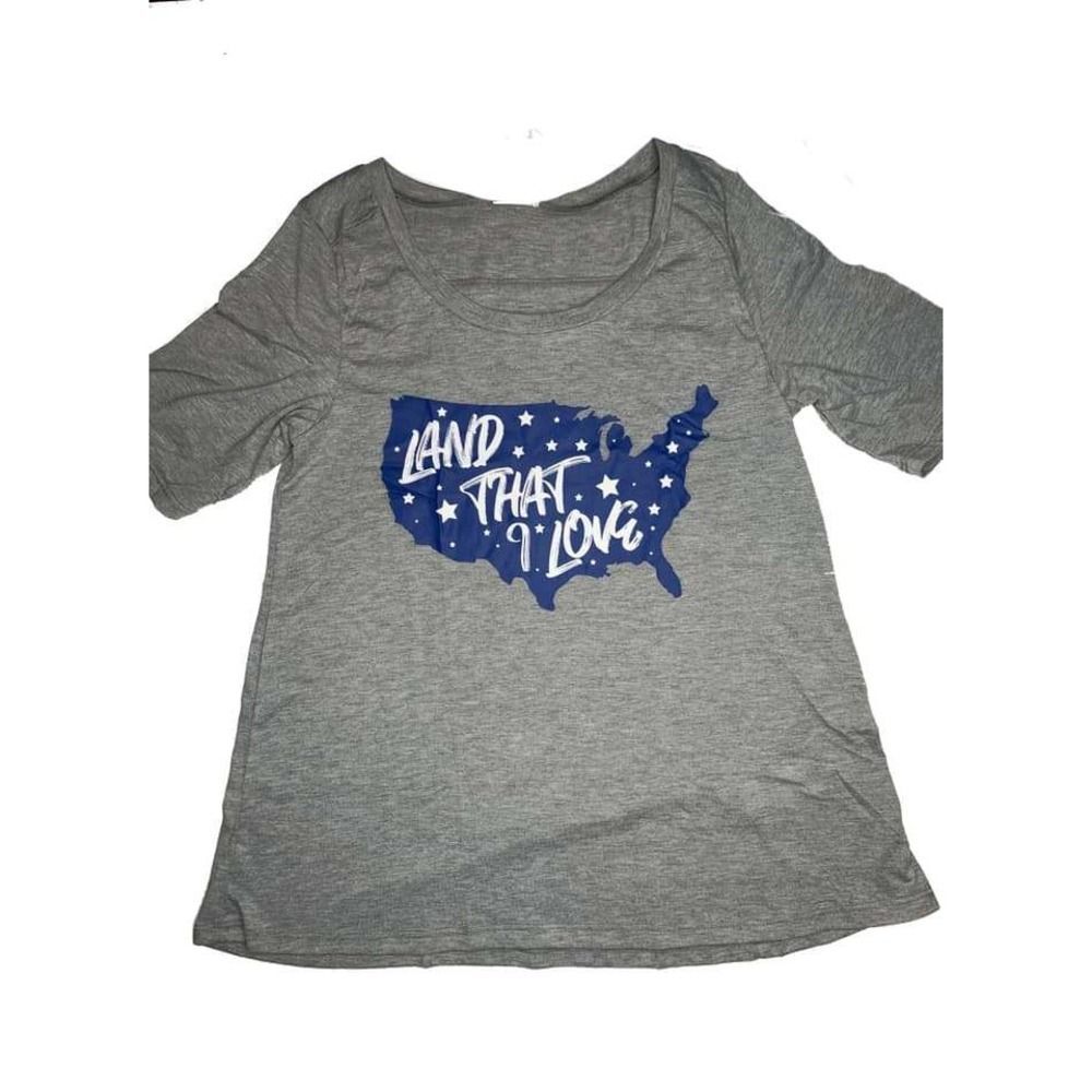 LuLaRoe Large L Boyfriend T Americana USA Land That I Love Gray Graphic Tee